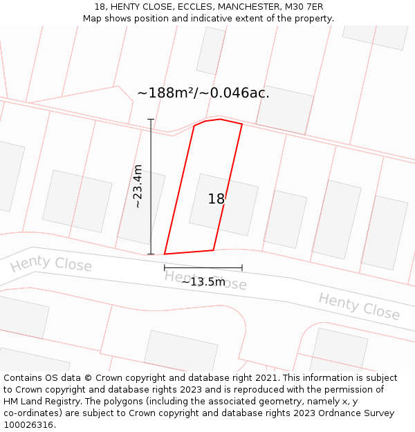 18, HENTY CLOSE, ECCLES, MANCHESTER, M30 7ER: Plot and title map