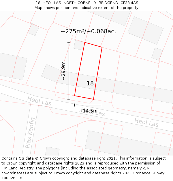 18, HEOL LAS, NORTH CORNELLY, BRIDGEND, CF33 4AS: Plot and title map