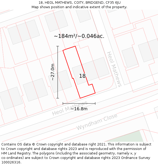18, HEOL MATHEWS, COITY, BRIDGEND, CF35 6JU: Plot and title map