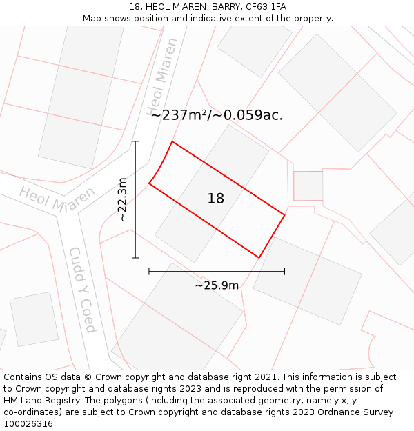 18, HEOL MIAREN, BARRY, CF63 1FA: Plot and title map