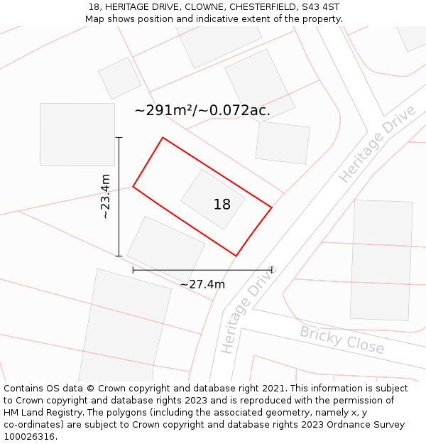 18, HERITAGE DRIVE, CLOWNE, CHESTERFIELD, S43 4ST: Plot and title map