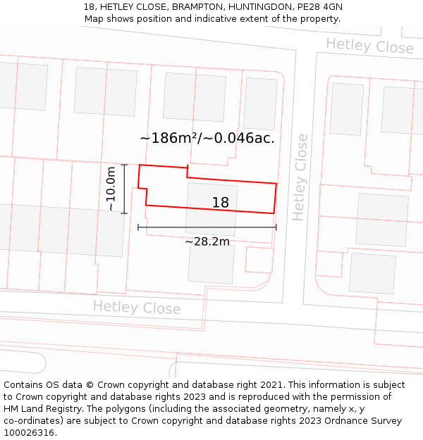 18, HETLEY CLOSE, BRAMPTON, HUNTINGDON, PE28 4GN: Plot and title map