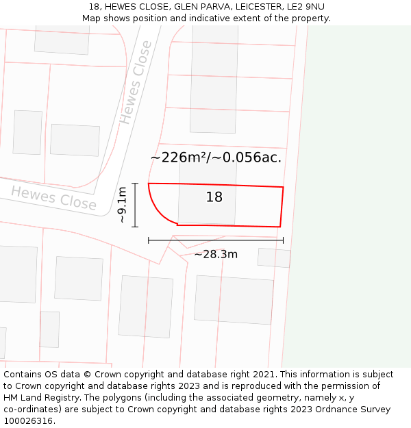 18, HEWES CLOSE, GLEN PARVA, LEICESTER, LE2 9NU: Plot and title map