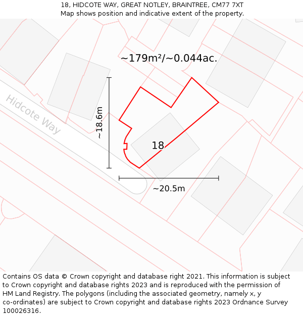 18, HIDCOTE WAY, GREAT NOTLEY, BRAINTREE, CM77 7XT: Plot and title map