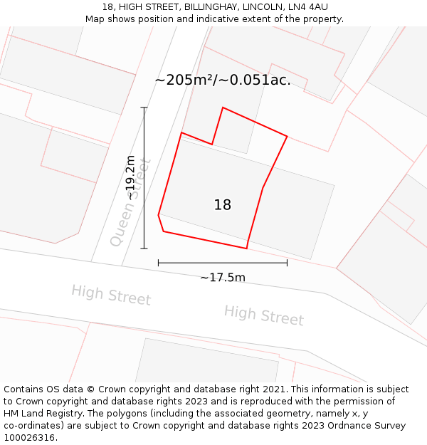 18, HIGH STREET, BILLINGHAY, LINCOLN, LN4 4AU: Plot and title map