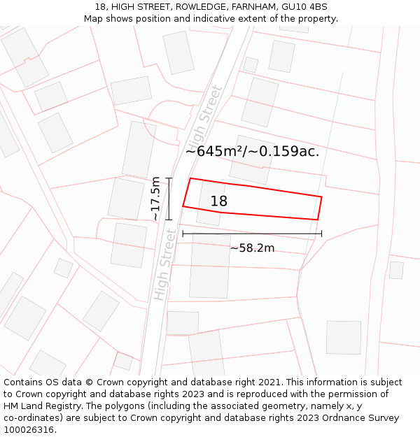 18, HIGH STREET, ROWLEDGE, FARNHAM, GU10 4BS: Plot and title map