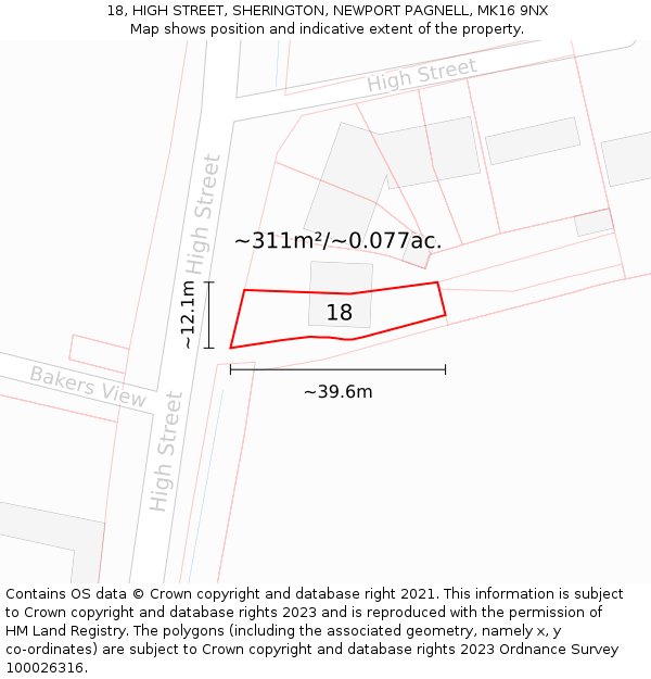 18, HIGH STREET, SHERINGTON, NEWPORT PAGNELL, MK16 9NX: Plot and title map
