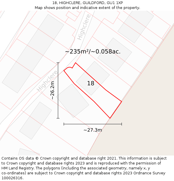 18, HIGHCLERE, GUILDFORD, GU1 1XP: Plot and title map