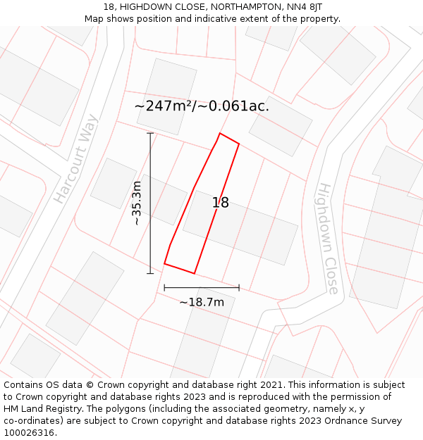18, HIGHDOWN CLOSE, NORTHAMPTON, NN4 8JT: Plot and title map