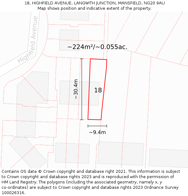 18, HIGHFIELD AVENUE, LANGWITH JUNCTION, MANSFIELD, NG20 9AU: Plot and title map