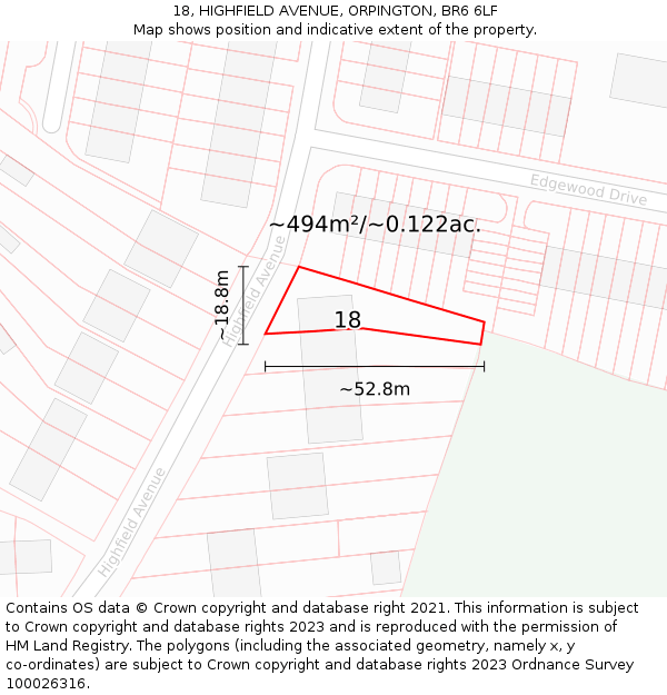 18, HIGHFIELD AVENUE, ORPINGTON, BR6 6LF: Plot and title map