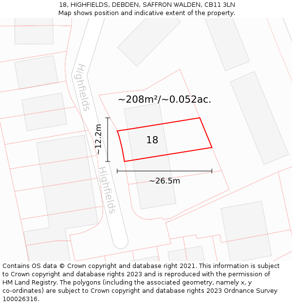 18, HIGHFIELDS, DEBDEN, SAFFRON WALDEN, CB11 3LN: Plot and title map
