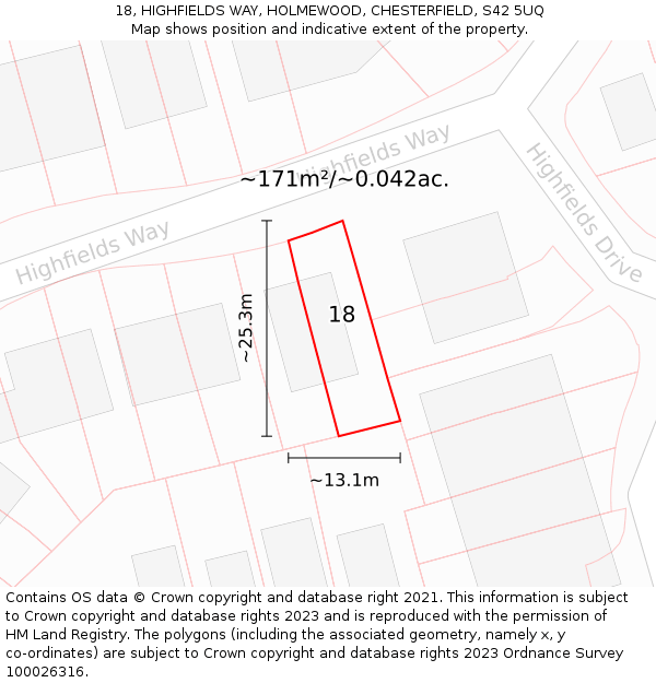 18, HIGHFIELDS WAY, HOLMEWOOD, CHESTERFIELD, S42 5UQ: Plot and title map