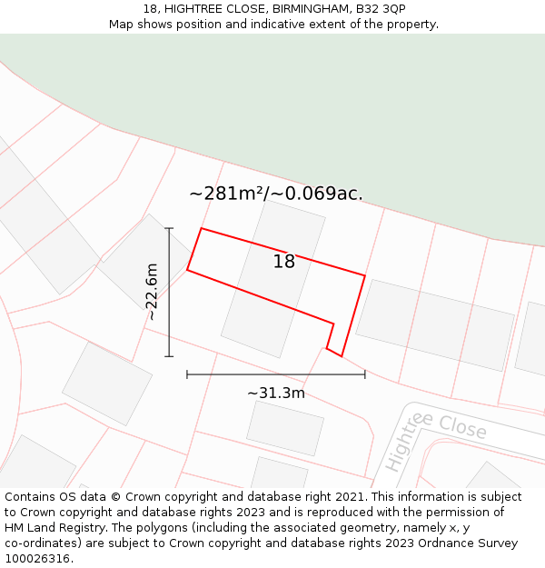 18, HIGHTREE CLOSE, BIRMINGHAM, B32 3QP: Plot and title map