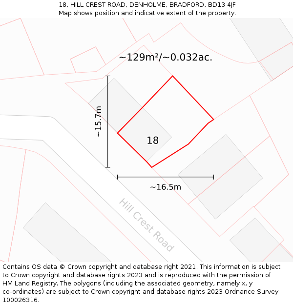 18, HILL CREST ROAD, DENHOLME, BRADFORD, BD13 4JF: Plot and title map