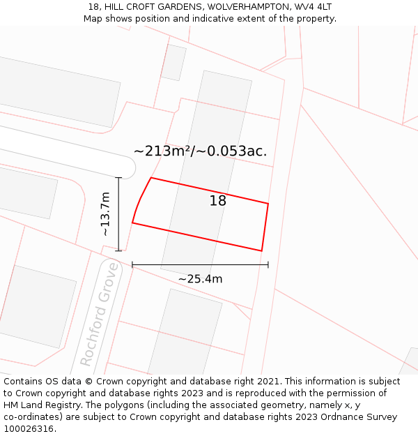 18, HILL CROFT GARDENS, WOLVERHAMPTON, WV4 4LT: Plot and title map