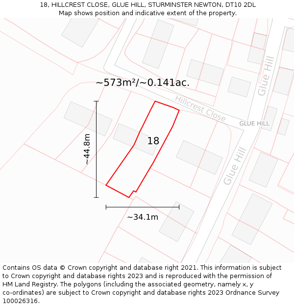 18, HILLCREST CLOSE, GLUE HILL, STURMINSTER NEWTON, DT10 2DL: Plot and title map