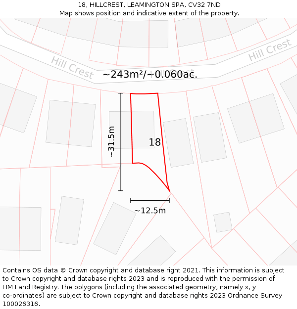 18, HILLCREST, LEAMINGTON SPA, CV32 7ND: Plot and title map