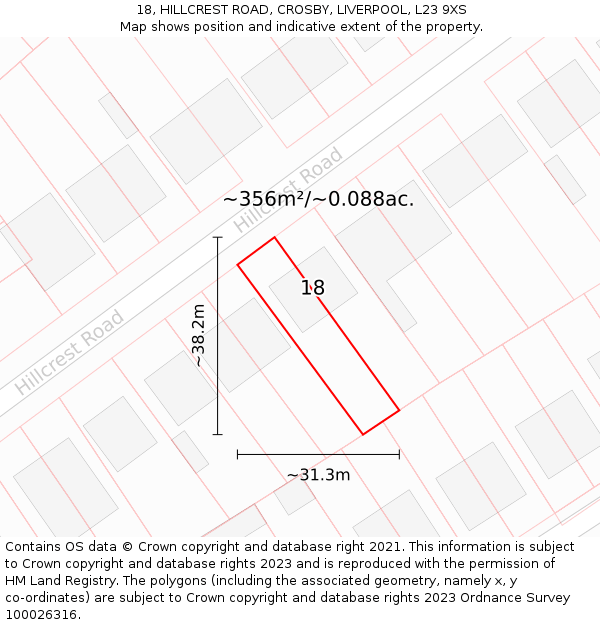 18, HILLCREST ROAD, CROSBY, LIVERPOOL, L23 9XS: Plot and title map