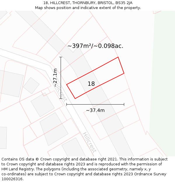 18, HILLCREST, THORNBURY, BRISTOL, BS35 2JA: Plot and title map