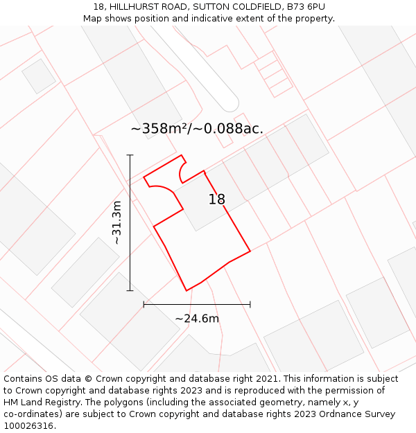 18, HILLHURST ROAD, SUTTON COLDFIELD, B73 6PU: Plot and title map