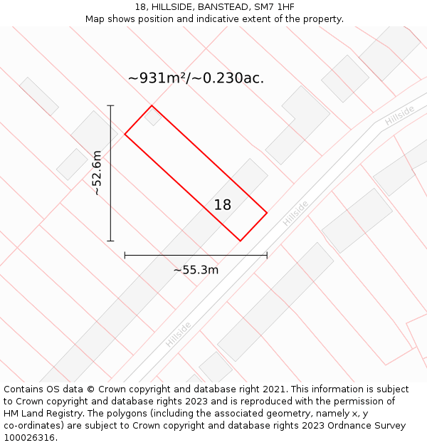 18, HILLSIDE, BANSTEAD, SM7 1HF: Plot and title map