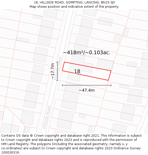 18, HILLSIDE ROAD, SOMPTING, LANCING, BN15 0JY: Plot and title map