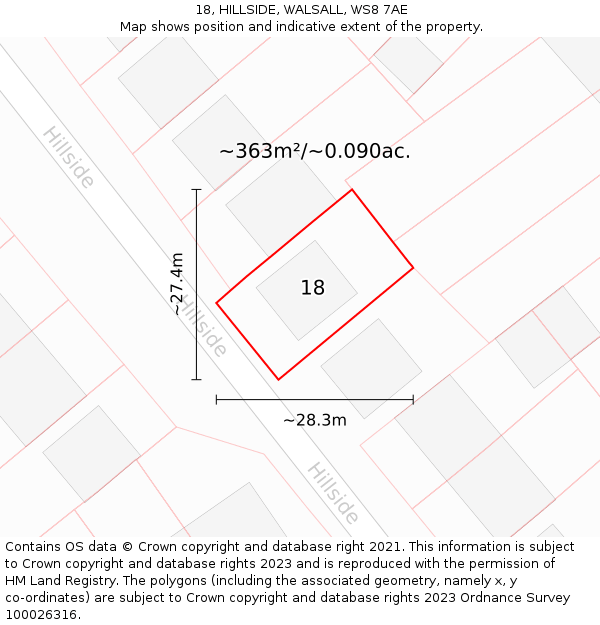 18, HILLSIDE, WALSALL, WS8 7AE: Plot and title map