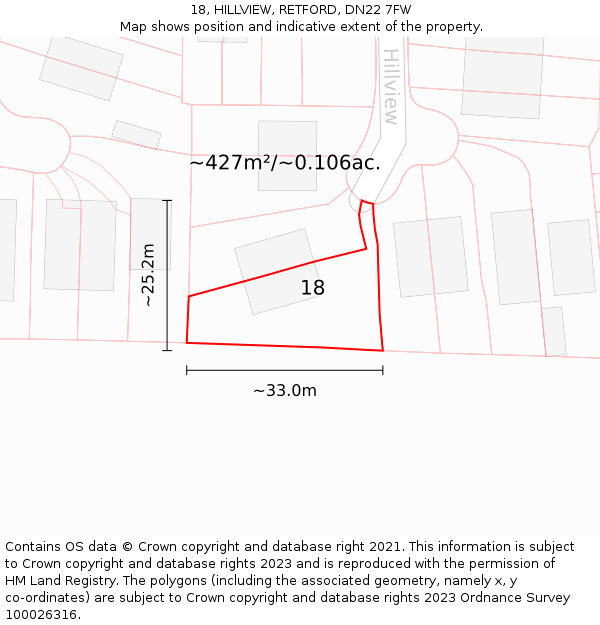 18, HILLVIEW, RETFORD, DN22 7FW: Plot and title map