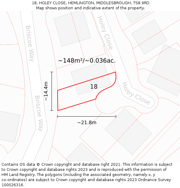 18, HOLEY CLOSE, HEMLINGTON, MIDDLESBROUGH, TS8 9RD: Plot and title map