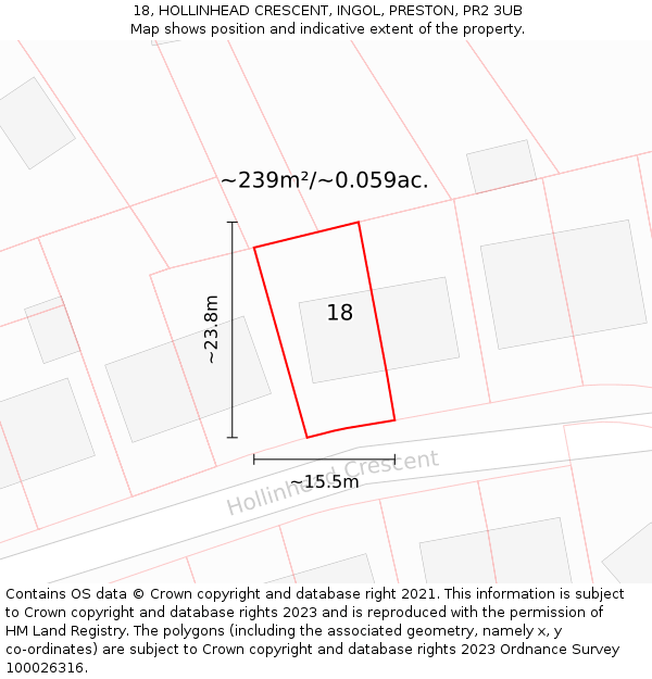 18, HOLLINHEAD CRESCENT, INGOL, PRESTON, PR2 3UB: Plot and title map