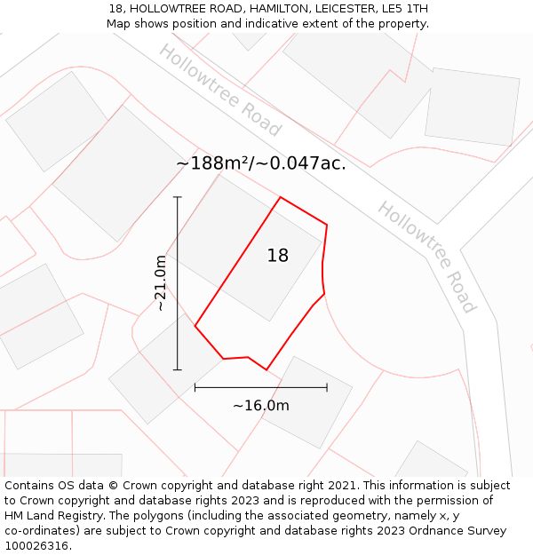 18, HOLLOWTREE ROAD, HAMILTON, LEICESTER, LE5 1TH: Plot and title map