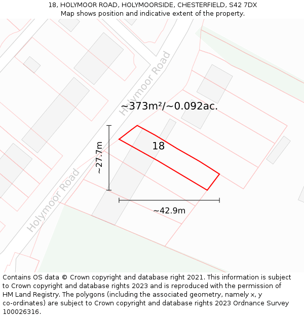 18, HOLYMOOR ROAD, HOLYMOORSIDE, CHESTERFIELD, S42 7DX: Plot and title map