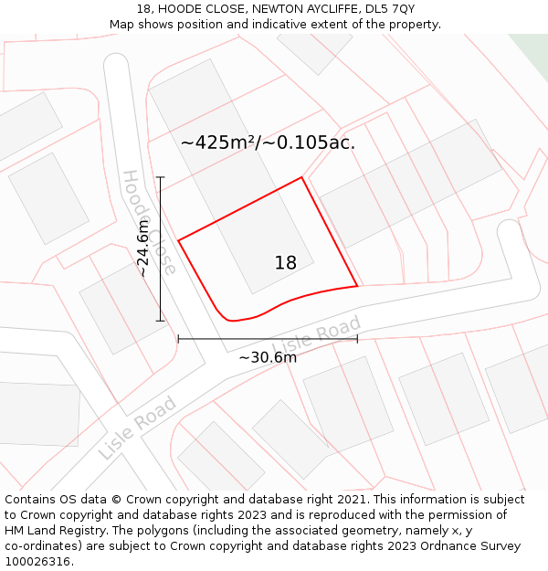 18, HOODE CLOSE, NEWTON AYCLIFFE, DL5 7QY: Plot and title map