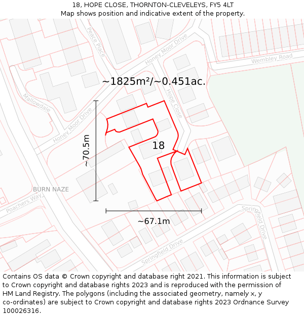 18, HOPE CLOSE, THORNTON-CLEVELEYS, FY5 4LT: Plot and title map