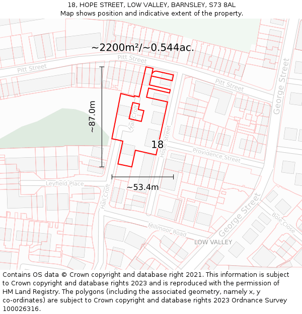 18, HOPE STREET, LOW VALLEY, BARNSLEY, S73 8AL: Plot and title map