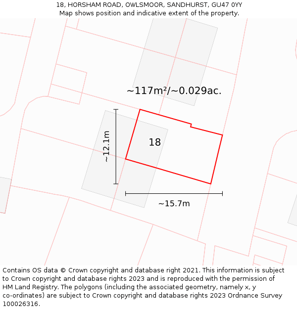 18, HORSHAM ROAD, OWLSMOOR, SANDHURST, GU47 0YY: Plot and title map