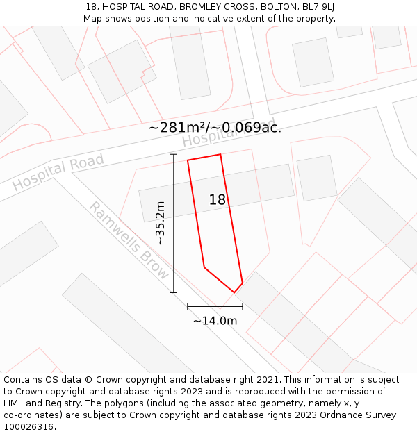 18, HOSPITAL ROAD, BROMLEY CROSS, BOLTON, BL7 9LJ: Plot and title map