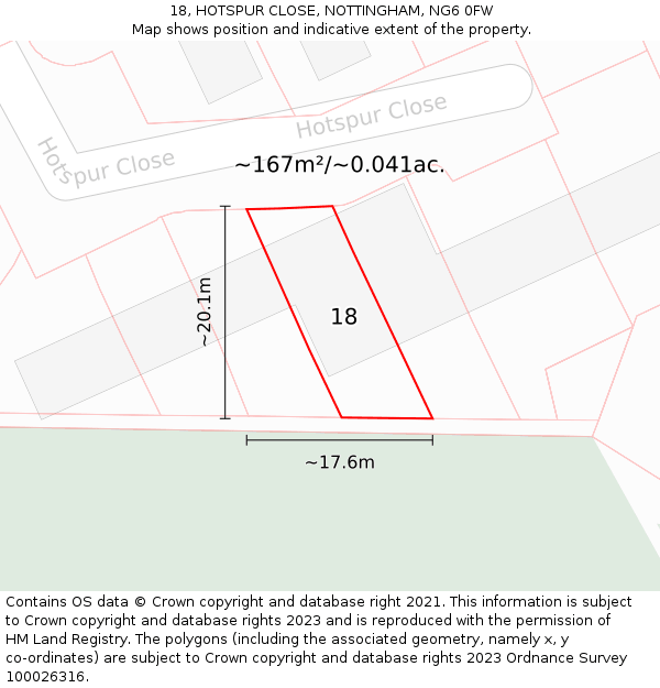 18, HOTSPUR CLOSE, NOTTINGHAM, NG6 0FW: Plot and title map