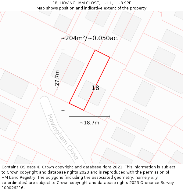 18, HOVINGHAM CLOSE, HULL, HU8 9PE: Plot and title map