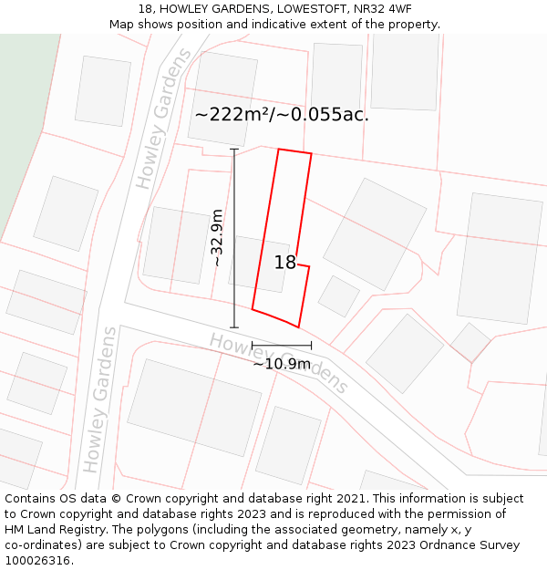 18, HOWLEY GARDENS, LOWESTOFT, NR32 4WF: Plot and title map
