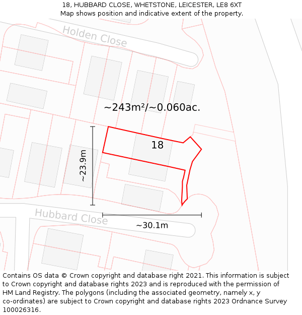 18, HUBBARD CLOSE, WHETSTONE, LEICESTER, LE8 6XT: Plot and title map