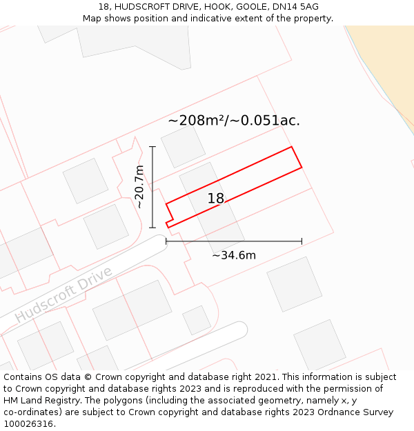 18, HUDSCROFT DRIVE, HOOK, GOOLE, DN14 5AG: Plot and title map
