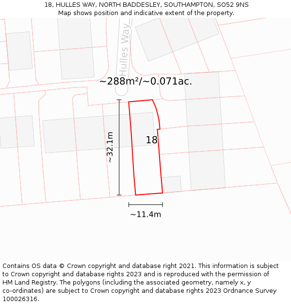 18, HULLES WAY, NORTH BADDESLEY, SOUTHAMPTON, SO52 9NS: Plot and title map