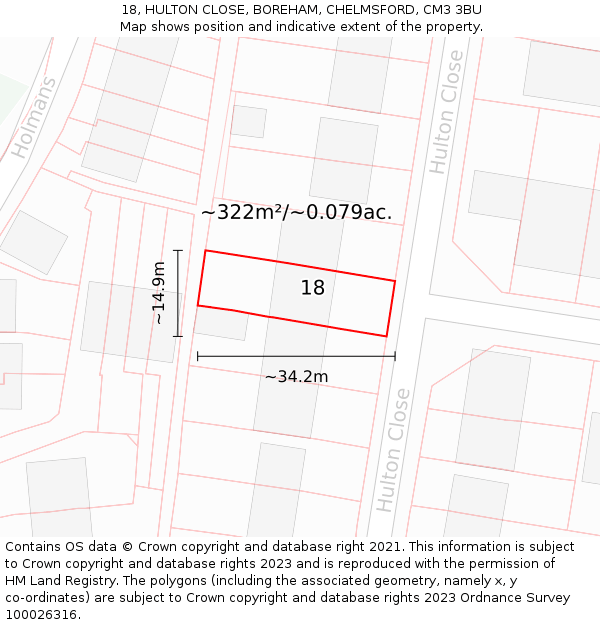 18, HULTON CLOSE, BOREHAM, CHELMSFORD, CM3 3BU: Plot and title map