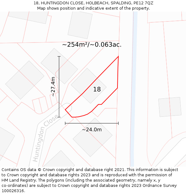 18, HUNTINGDON CLOSE, HOLBEACH, SPALDING, PE12 7QZ: Plot and title map