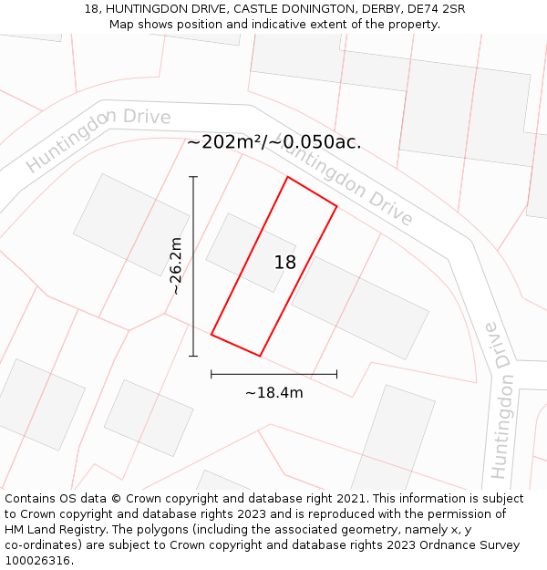 18, HUNTINGDON DRIVE, CASTLE DONINGTON, DERBY, DE74 2SR: Plot and title map