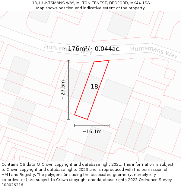18, HUNTSMANS WAY, MILTON ERNEST, BEDFORD, MK44 1SA: Plot and title map