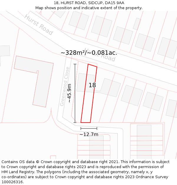 18, HURST ROAD, SIDCUP, DA15 9AA: Plot and title map