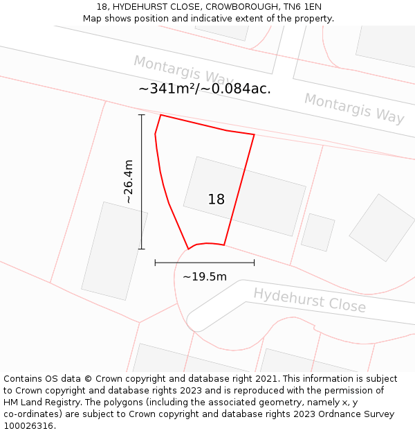 18, HYDEHURST CLOSE, CROWBOROUGH, TN6 1EN: Plot and title map